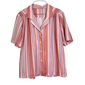 Vintage peach pink purple stripe‎ short sleeve button up blouse with ascot scarf